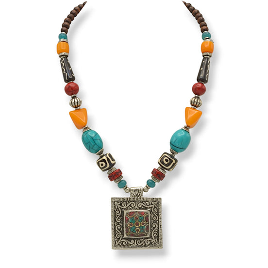 Multi-colored beads and square silver Pendant necklace# FWNK-2302-108
