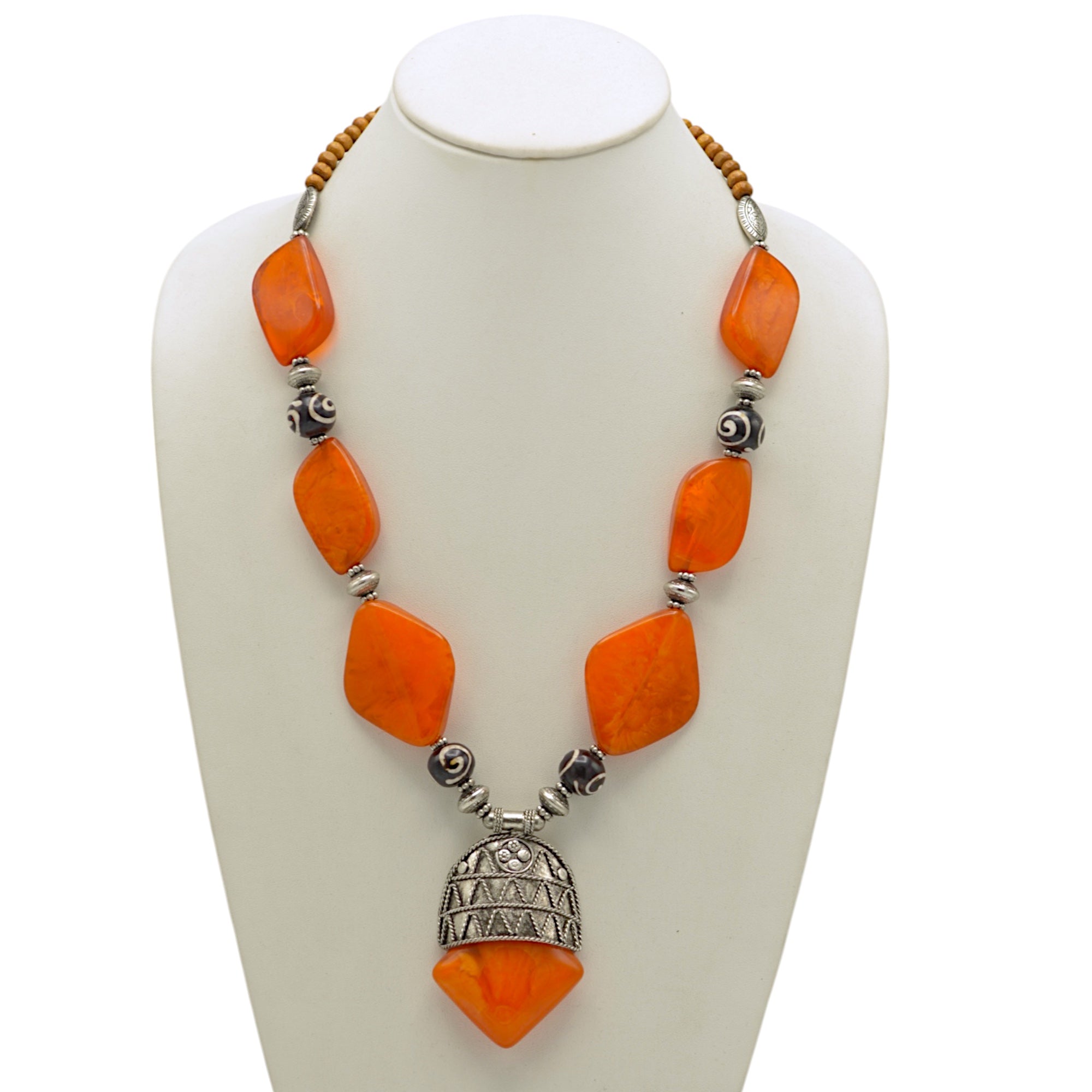 Orange Black and wood beads with Silver Pendant Necklace #FWNK-2109-01-A