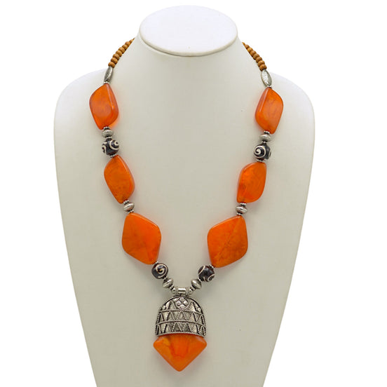 Orange Black and wood beads with Silver Pendant Necklace #FWNK-2109-01-A