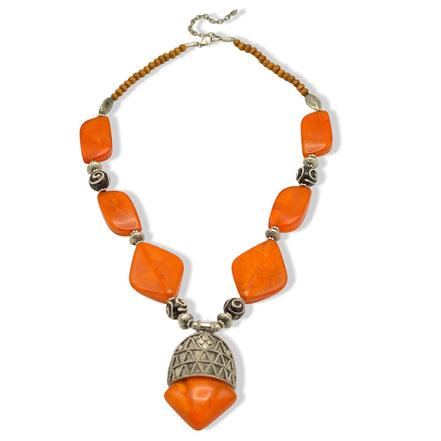 Orange Black and wood beads with Silver Pendant Necklace #FWNK-2109-01-A