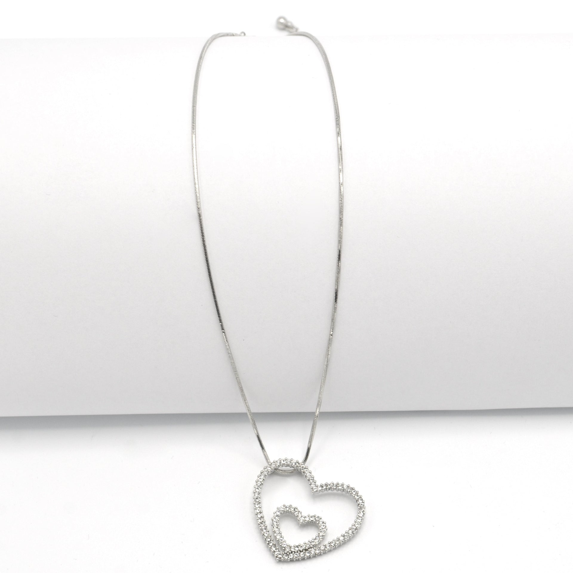SILVER RHINESTONE HEART PENDANT NECKLACE  #N75514-CRY-RHOD (LD12)