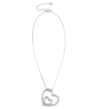 SILVER RHINESTONE HEART PENDANT NECKLACE  #N75514-CRY-RHOD (LD12)