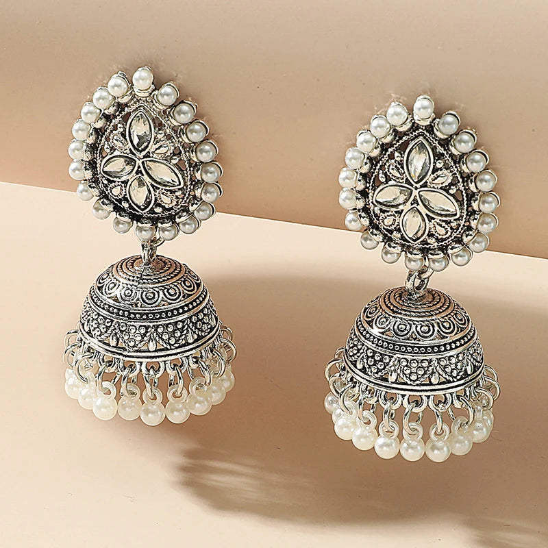 Silver pearl and crystal tassel Jhumka Earrings #GFE6285(GE5)