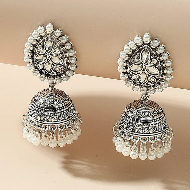 Silver pearl and crystal tassel Jhumka Earrings #GFE6285(GE5)