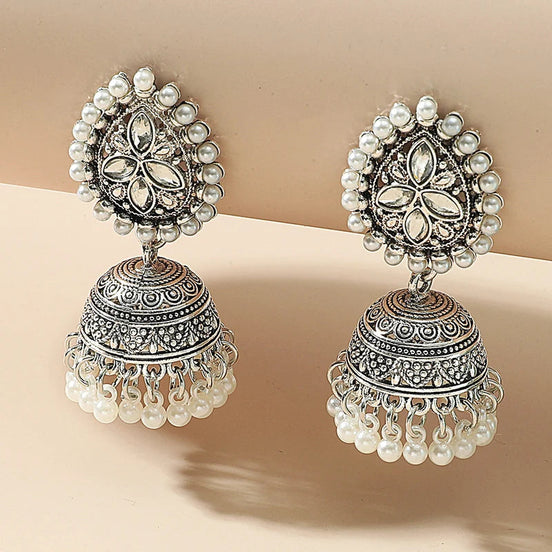Silver pearl and crystal tassel Jhumka Earrings #GFE6285(GE5)