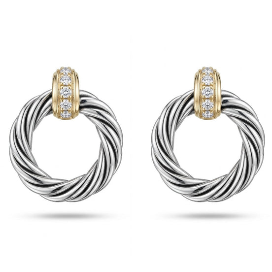 Two-Tone Twisted Cable & Crystal Pave Hoop Stud Earring 1" inch #13211ER