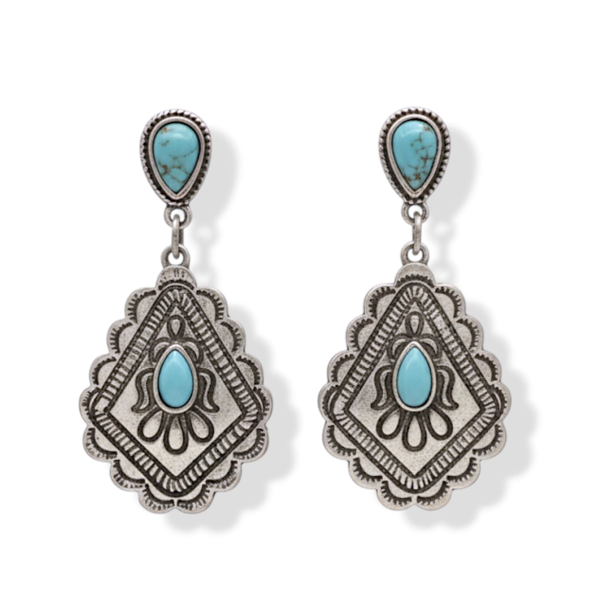 Boho Turquoise & Silver Drop Earrings 1.7