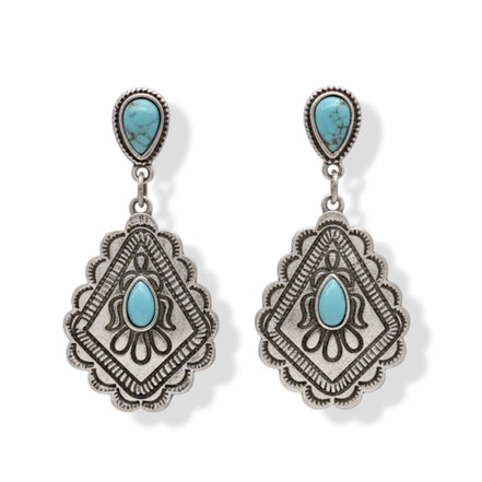 Boho Turquoise & Silver Drop Earrings 1.7"#HNE91027(LB14)