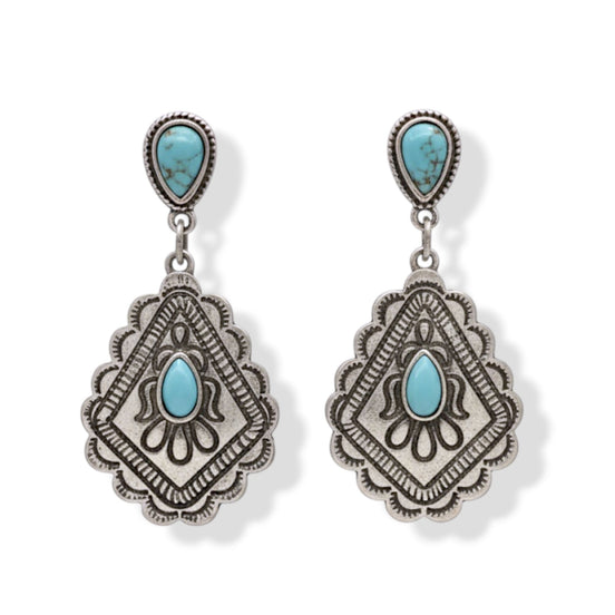 Boho Turquoise & Silver Drop Earrings 1.7"#HNE91027(LB14)
