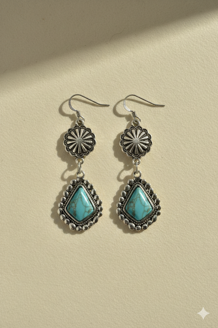 Boho Turquoise & Silver Drop Earrings – 2.3" Statement Dangles#HNE91028(LD13)