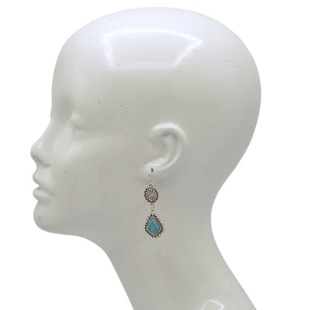 Boho Turquoise & Silver Drop Earrings – 2.3" Statement Dangles#HNE91028(LD13)