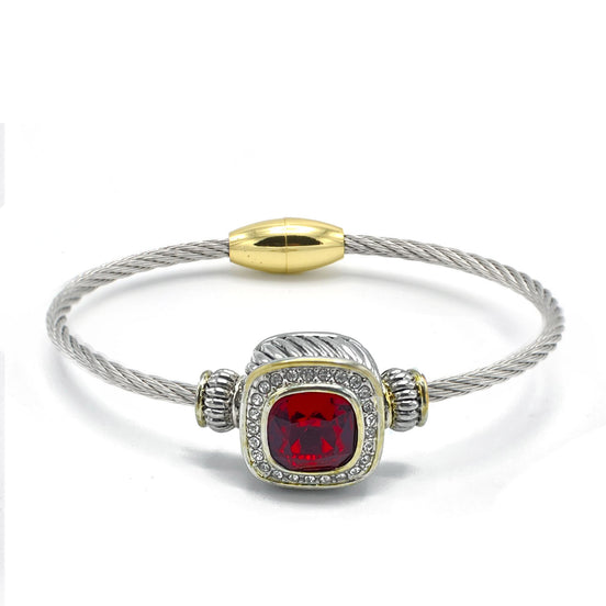 Two-Tone Twisted Cable Bangle Bracelet with Faux Ruby Cushion#93099BR-Red (FF13)