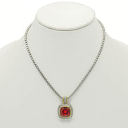 TWO TONE SQUARE RED CRYSTAL AND RHINESTONES ENGRAVED PENDANT BOX CHAIN NECKLACE #93099EH-RED(FF13)