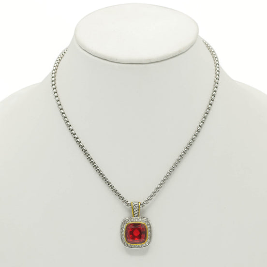 TWO TONE SQUARE RED CRYSTAL AND RHINESTONES ENGRAVED PENDANT BOX CHAIN NECKLACE #93099EH-RED(FF13)