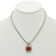 TWO TONE SQUARE RED CRYSTAL AND RHINESTONES ENGRAVED PENDANT BOX CHAIN NECKLACE #93099EH-RED(FF13)
