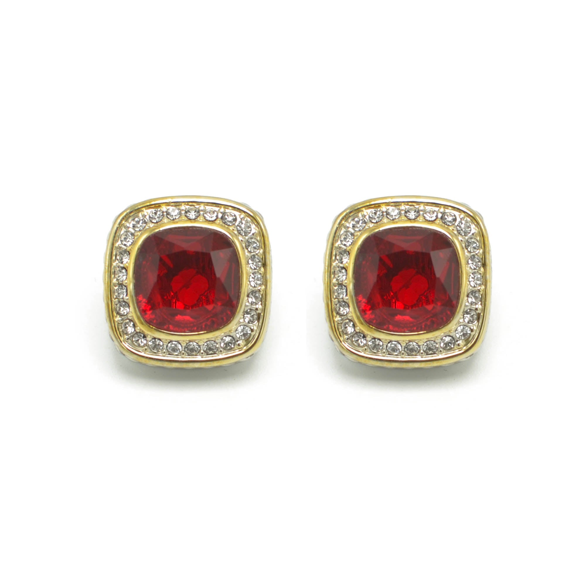 TWO TONE SQUARE RED CRYSTAL AND RHINESTONES ENGRAVED EARRINGS #93099ER-RED(FF13)