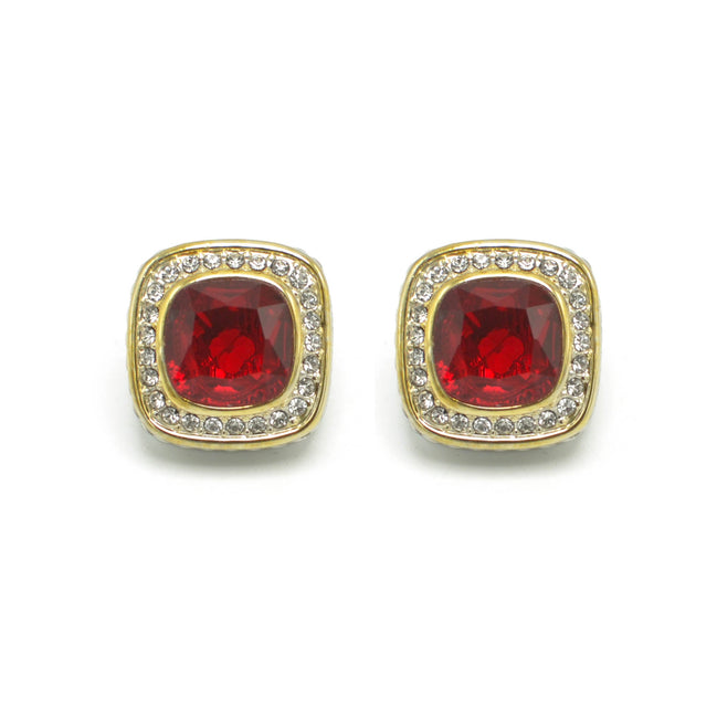 TWO TONE SQUARE RED CRYSTAL AND RHINESTONES ENGRAVED EARRINGS #93099ER-RED(FF13)