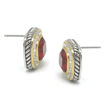 TWO TONE SQUARE RED CRYSTAL AND RHINESTONES ENGRAVED EARRINGS #93099ER-RED(FF13)