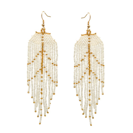 White and Gold Bohemian Seed Bead Long Tassel Earrings#SH-ER-1194(TE16)
