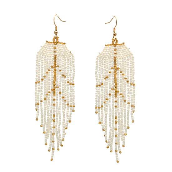 White and Gold Bohemian Seed Bead Long Tassel Earrings#SH-ER-1194(TE16)