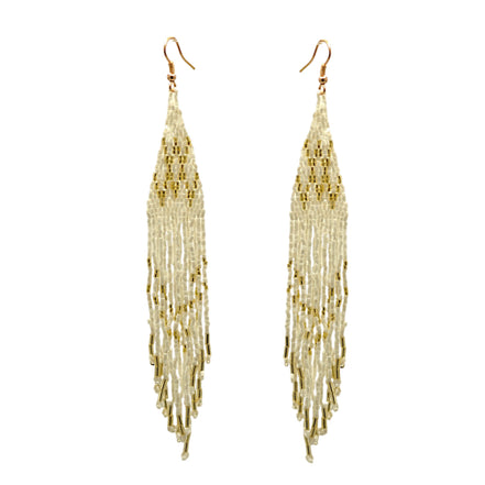 White And Gold Bohemian Seed Bead 6" Long Tassel Earrings#SH-ER-1204(OE25)