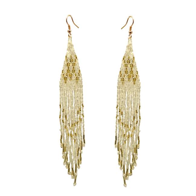 White And Gold Bohemian Seed Bead 6" Long Tassel Earrings#SH-ER-1204(OE25)
