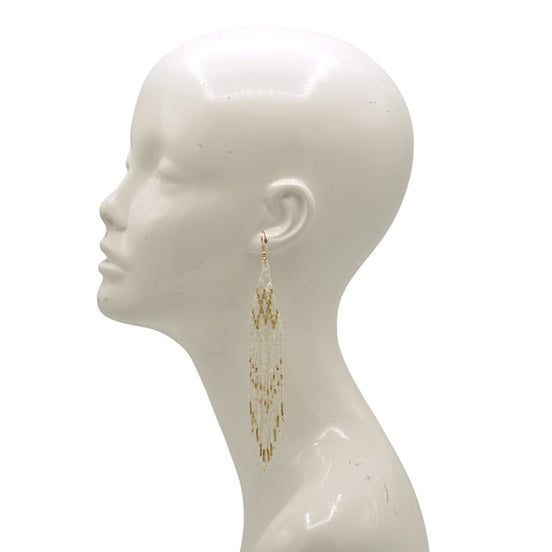White And Gold Bohemian Seed Bead 6" Long Tassel Earrings#SH-ER-1204(OE25)