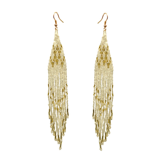 White And Gold Bohemian Seed Bead 6" Long Tassel Earrings#SH-ER-1204(OE25)