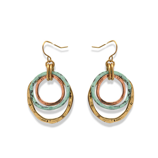 Tri-Tone 3 Geometric Circle Drop Earrings 1.5" - Gold, Silver Turquoise & Rose Gold Layered drop - Trendy Multi-Color Dangle Jewelry# SE15407-1