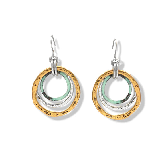 Tri-Tone 3 Geometric Circle Drop Earrings 1.5" - Gold, Silver Turquoise & Rose Gold Layered drop - Trendy Multi-Color Dangle Jewelry# SE15407-1