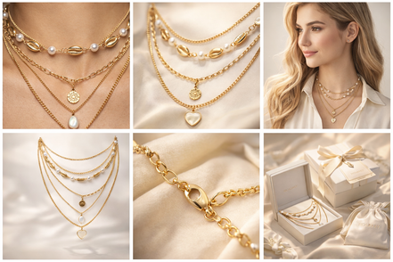 5 separate Necklace with Gold Cowrie Shells & Pearls #GFN5497(OH2)