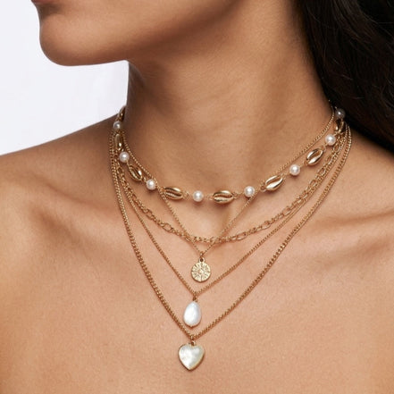 5 separate Necklace with Gold Cowrie Shells & Pearls #GFN5497(OH2)