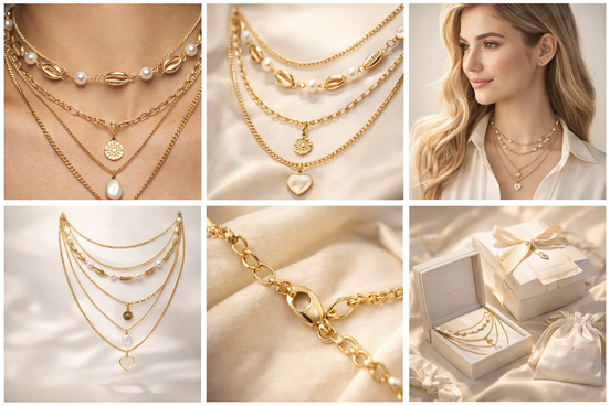 5 separate Necklace with Gold Cowrie Shells & Pearls #GFN5497(OH2)