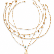 Boho 5-Piece Layered Shell Necklace Set for Women – Gold Tone Faux Pearl & Shell Charm Necklace, 18