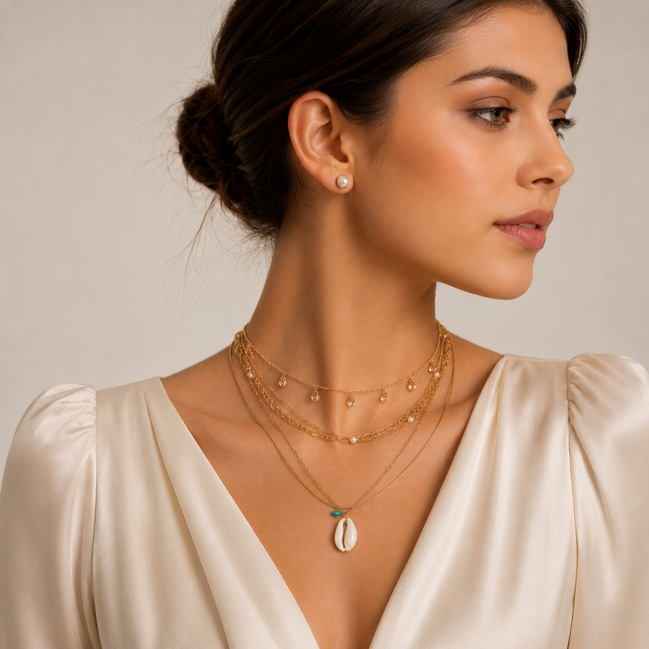 Boho 5-Piece Layered Shell Necklace Set for Women – Gold Tone Faux Pearl & Shell Charm Necklace, 18" with 3" Extender #GFN5498(TB1)