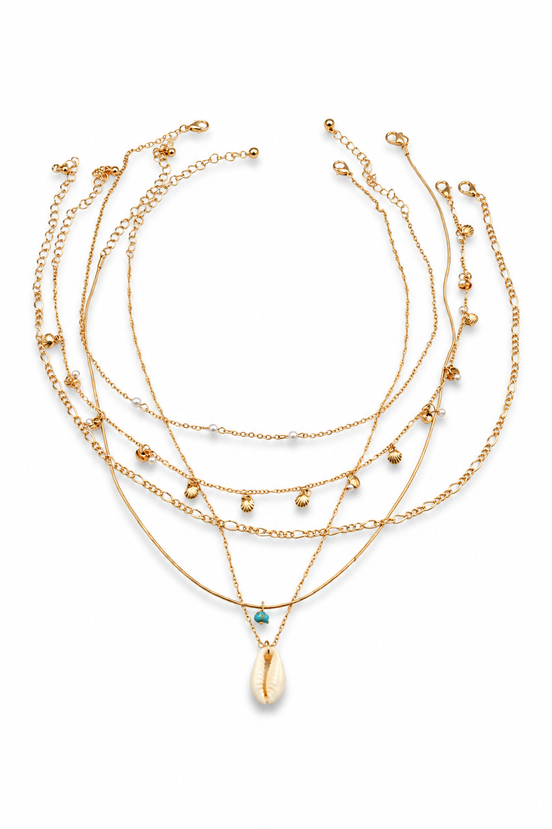 Boho 5-Piece Layered Shell Necklace Set for Women – Gold Tone Faux Pearl & Shell Charm Necklace, 18" with 3" Extender #GFN5498(TB1)