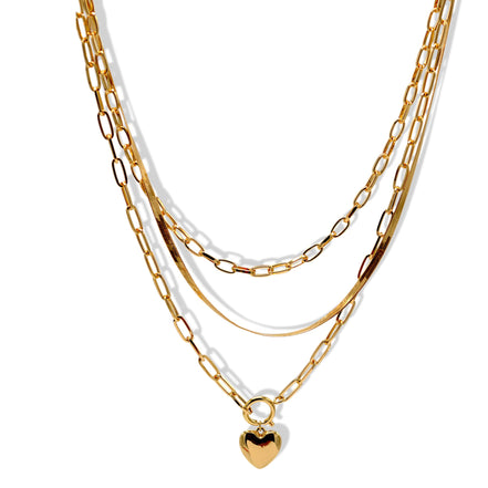 22" Gold Triple-Layered Necklace and Heart Stud Earring Set – Chunky Link & Herringbone Chains with 3" Extender#GFN5495(NE7)