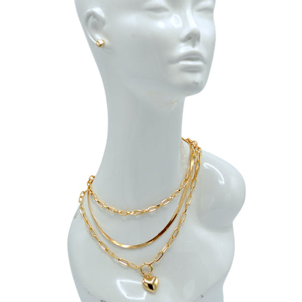 22" Gold Triple-Layered Necklace and Heart Stud Earring Set – Chunky Link & Herringbone Chains with 3" Extender#GFN5495(NE7)
