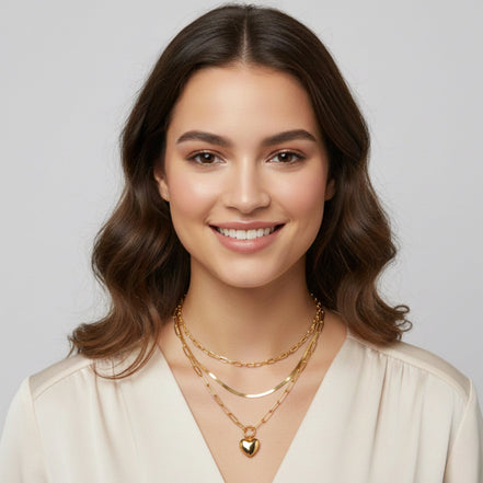 22" Gold Triple-Layered Necklace and Heart Stud Earring Set – Chunky Link & Herringbone Chains with 3" Extender#GFN5495(NE7)