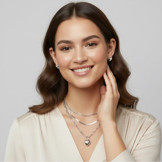 22" shiney Silver Triple-Layered Necklace and Heart Stud Earring Set – Chunky Link & Herringbone Chains with 3" Extender#$GFN5496(NC5)