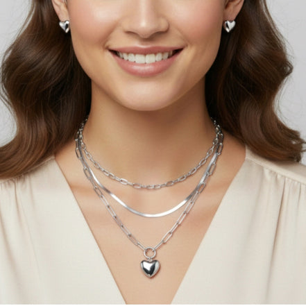 22" shiney Silver Triple-Layered Necklace and Heart Stud Earring Set – Chunky Link & Herringbone Chains with 3" Extender#$GFN5496(NC5)