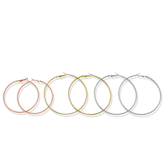3-Piece Tri-Color Hoop Earring Set – Gold, Silver & Rose Tones (Available in 2.7" and 3.25" Diameters)#GFE6448(SG3)
