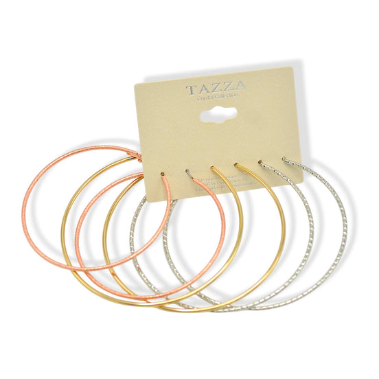 3-Piece Tri-Color Hoop Earring Set – Gold, Silver & Rose Tones (Available in 2.7" and 3.25" Diameters)#GFE6448(SG3)
