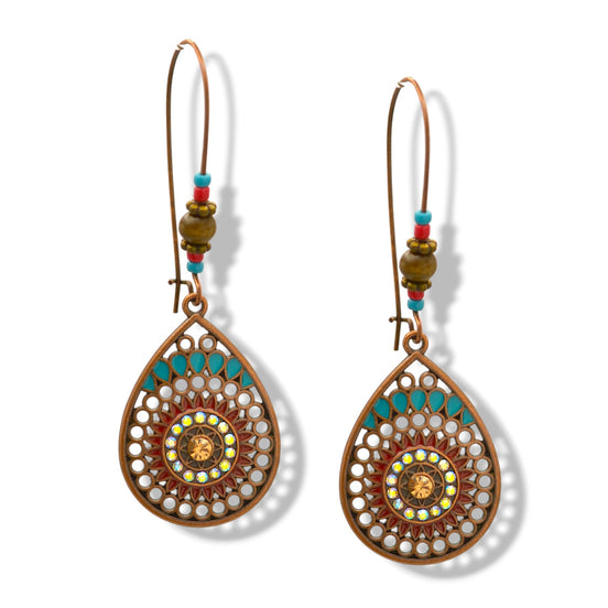 Boho Teardrop Dangle Earrings – Antique Gold with Beaded Accents 2.7"#HNE91033(GB10)
