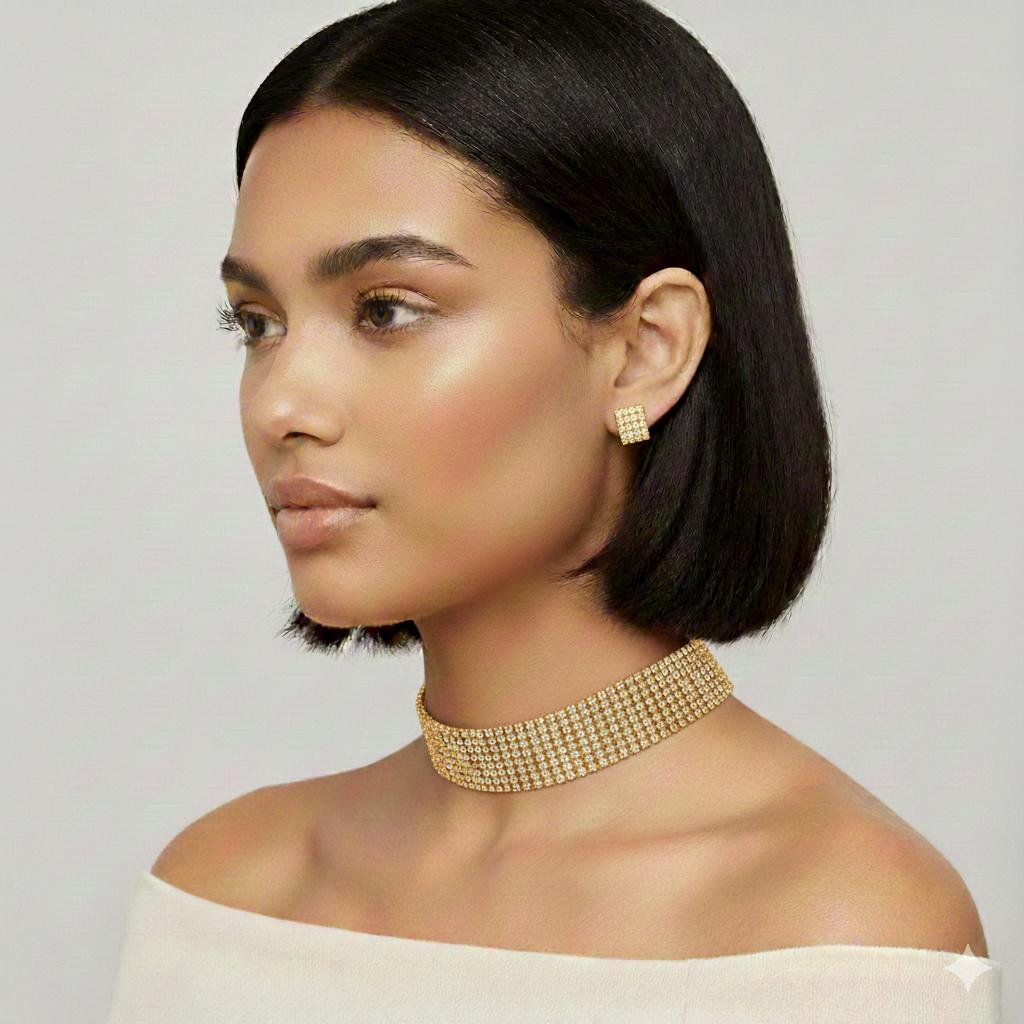 Six-Row Rhinestone Crystal Choker Necklace Gold ✨ or Silver 🤍# HNN91025-ASST