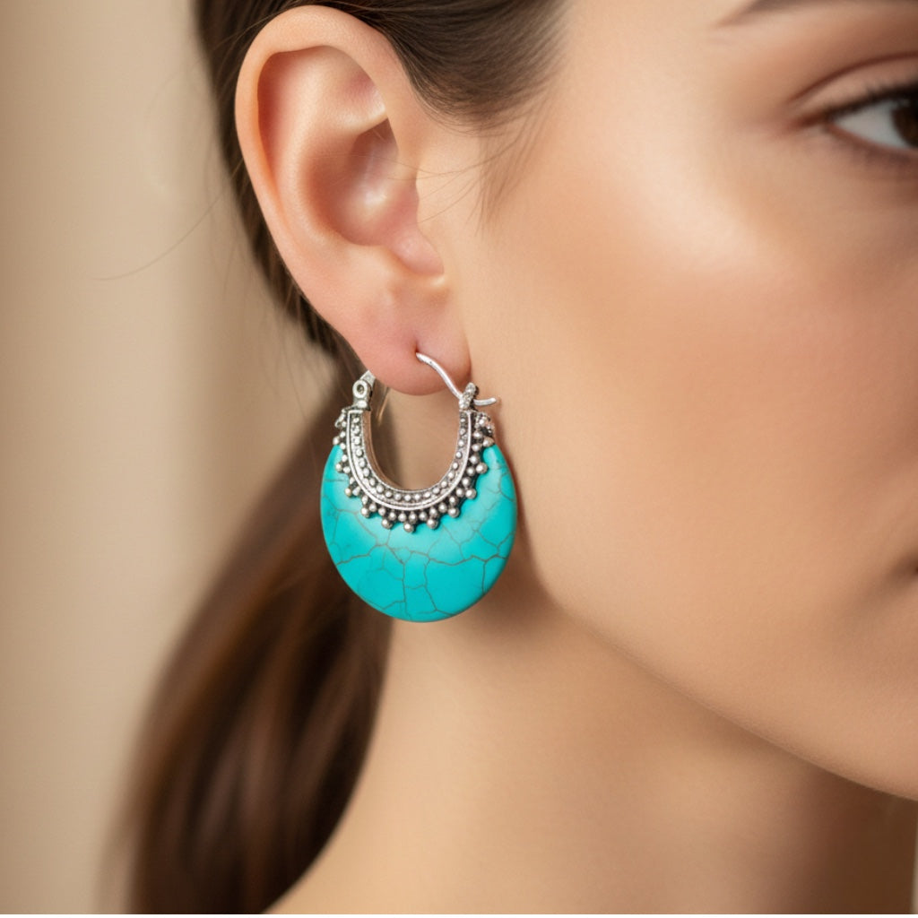 Bohemian Faux-Turquoise Crescent Hoops – 1.5