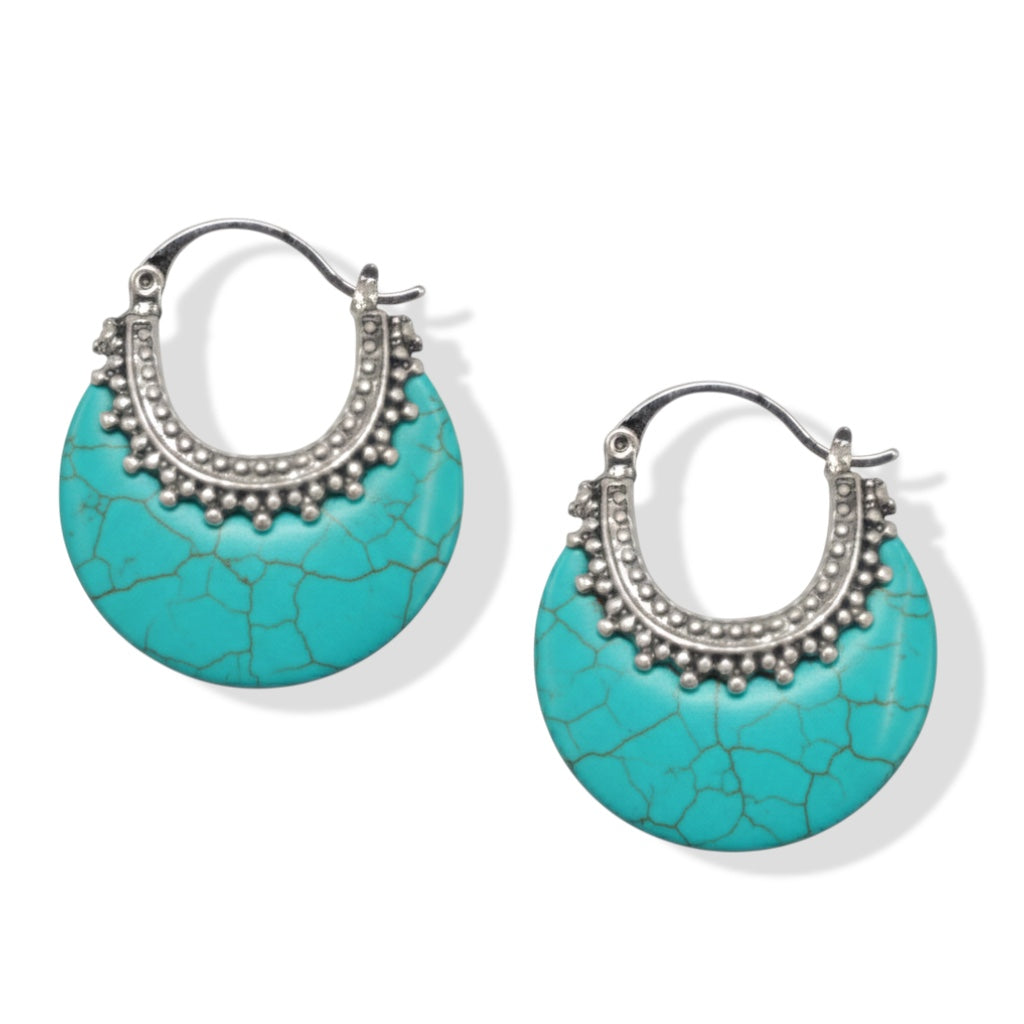 Bohemian Faux-Turquoise Crescent Hoops – 1.5