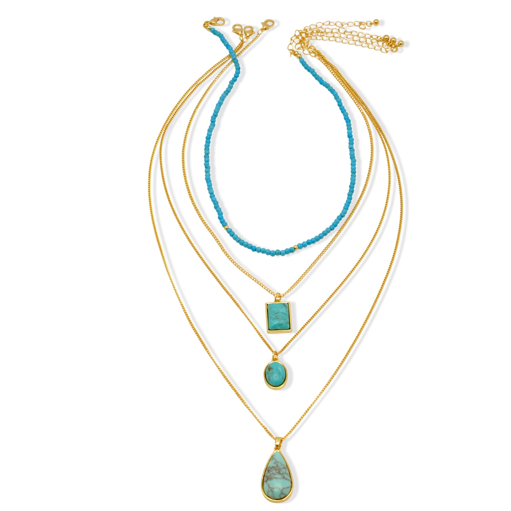 Multi-Layer Turquoise & Gold Pendant Necklace Set 26