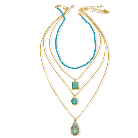 Multi-Layer Turquoise & Gold Pendant Necklace Set 26"#HNN91029GT(LA18)
