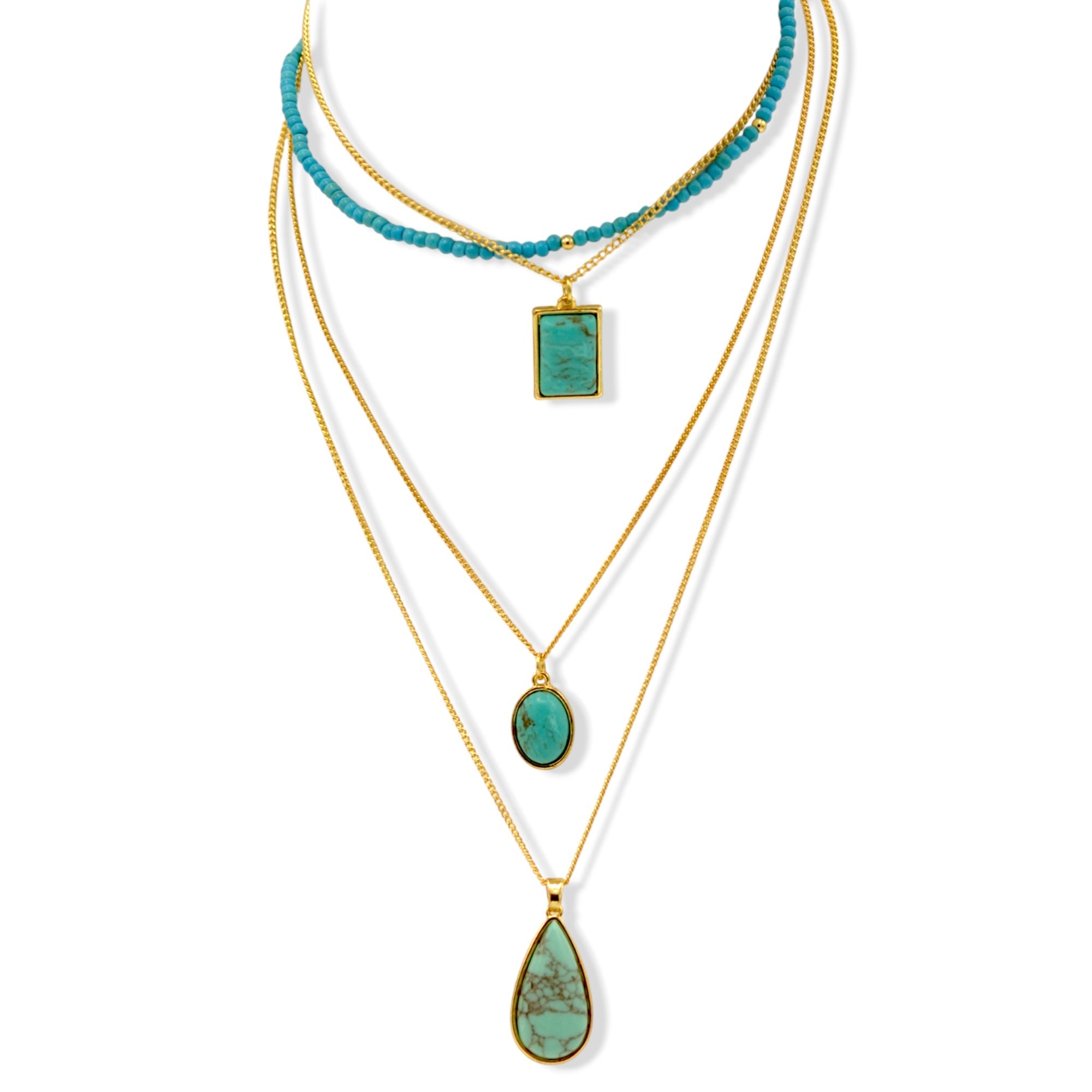 Multi-Layer Turquoise & Gold Pendant Necklace Set 26